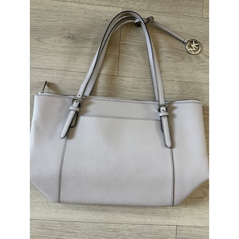 Michael Kors Beige Saffiano Top Zip Tote Shoulder Bag MK Charm Large Purse